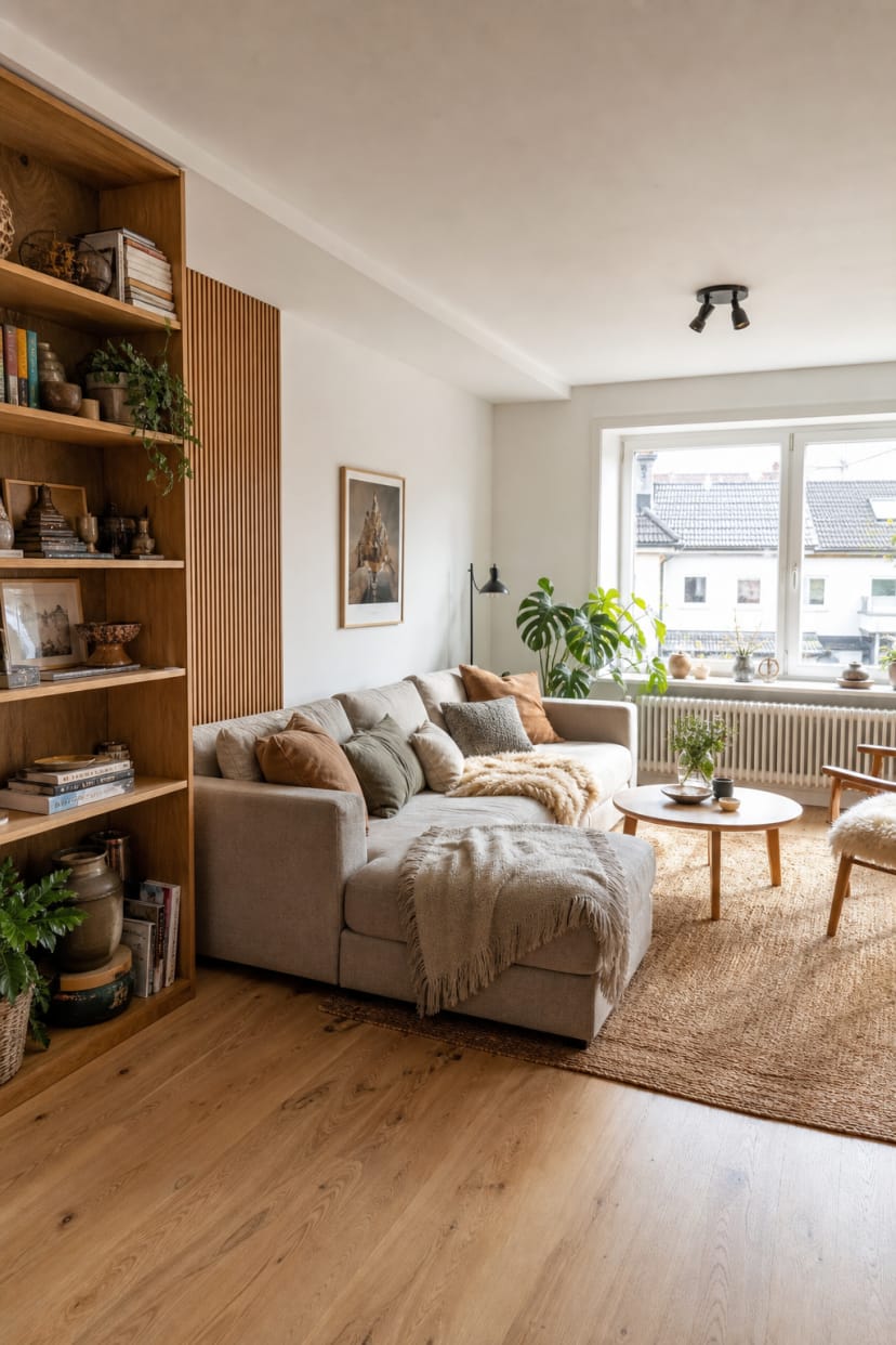 Wohnzimmer mit warmen Holzakzenten