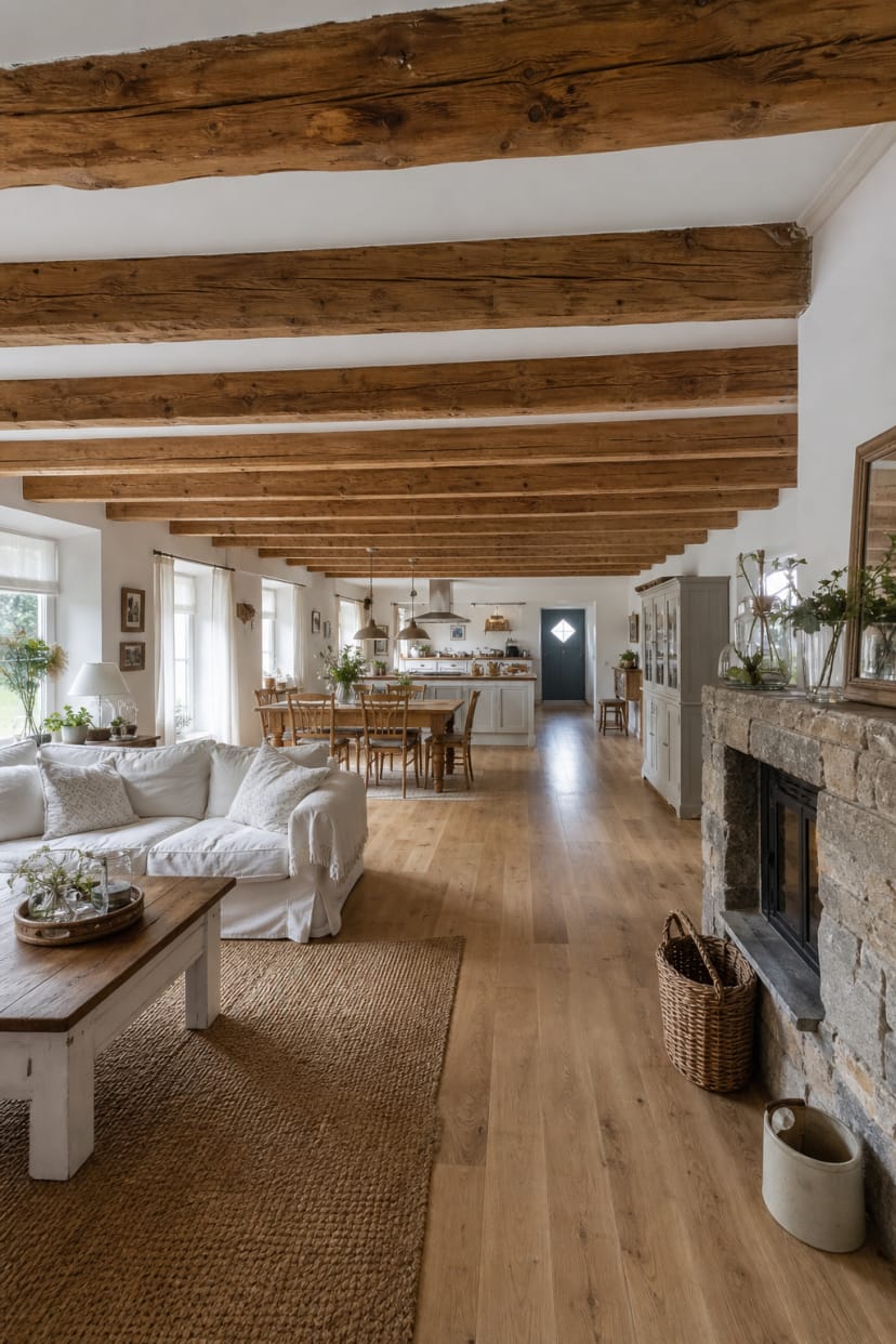 Durchgehende Holzbalken über offenem Landhausraum