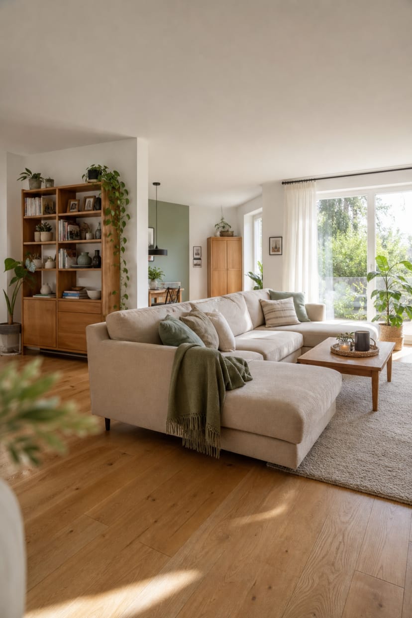 Beige Eckcouch im luftigen Wohnraum