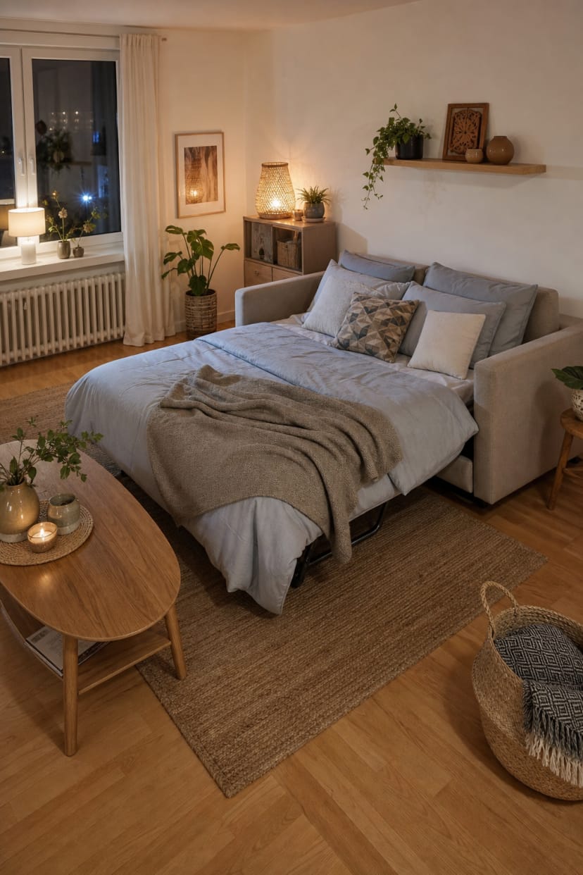 Beige-graues Wohnzimmer mit Schlafsofa