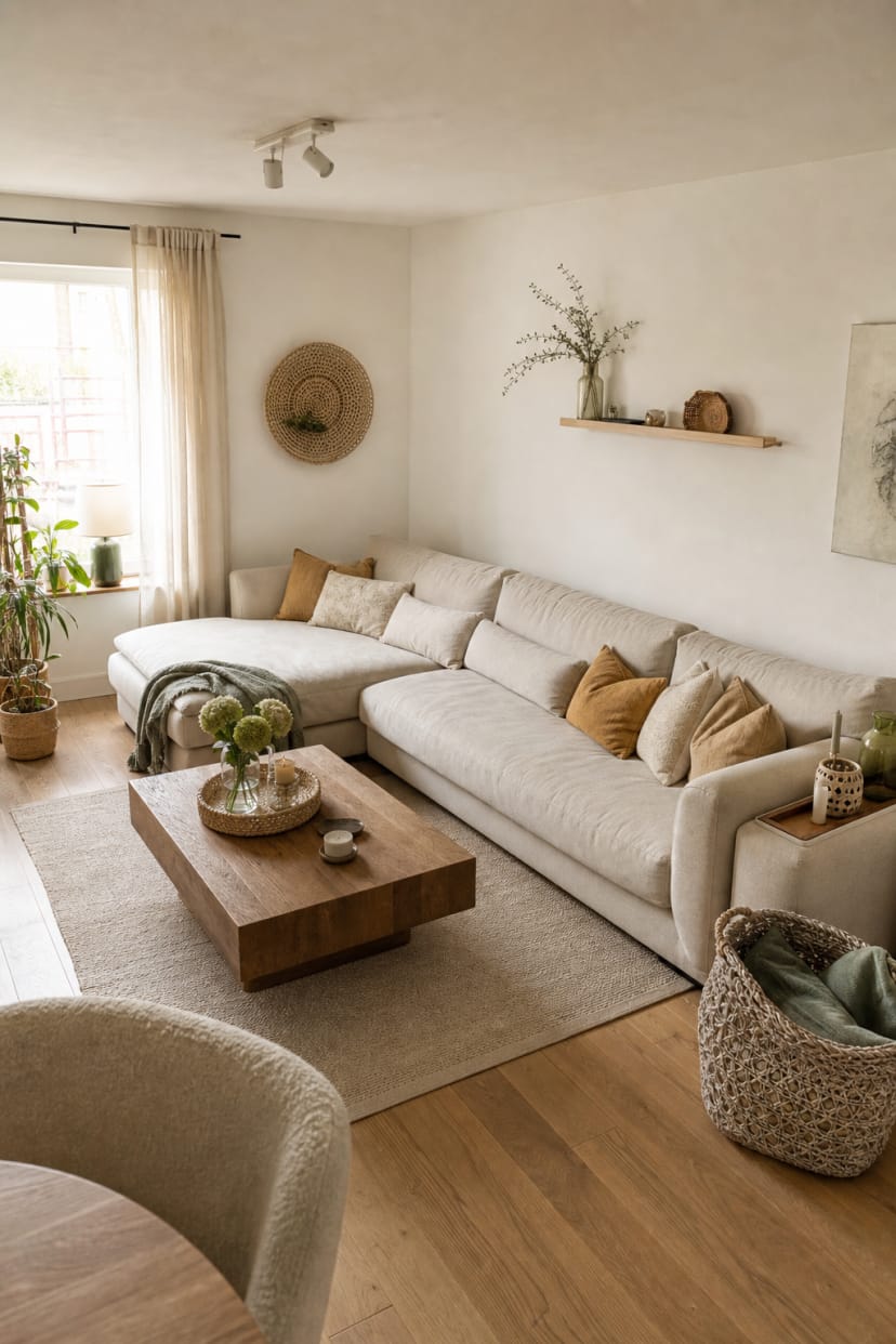 Beige L-Couch Ecke mit goldenen Kissen