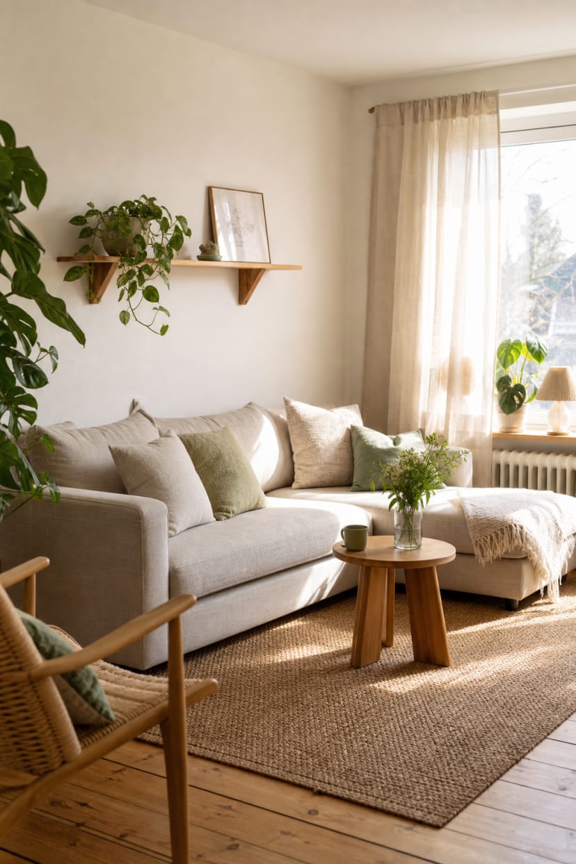 Beiges Ecksofa vor weißen Wänden