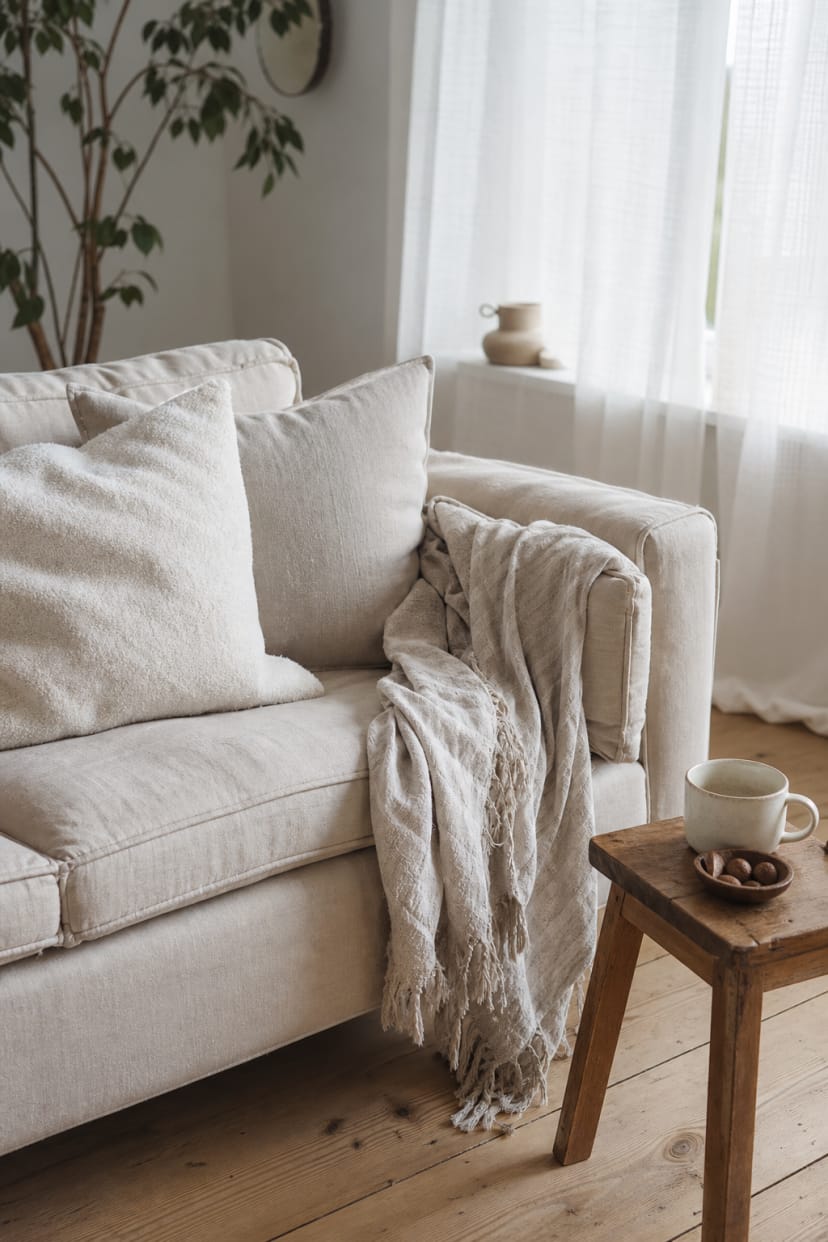 Beiges Sofa mit hellen Kissen Nahaufnahme