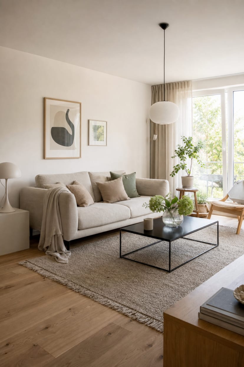 Beiges Sofa mit schwarzem Couchtisch frontal