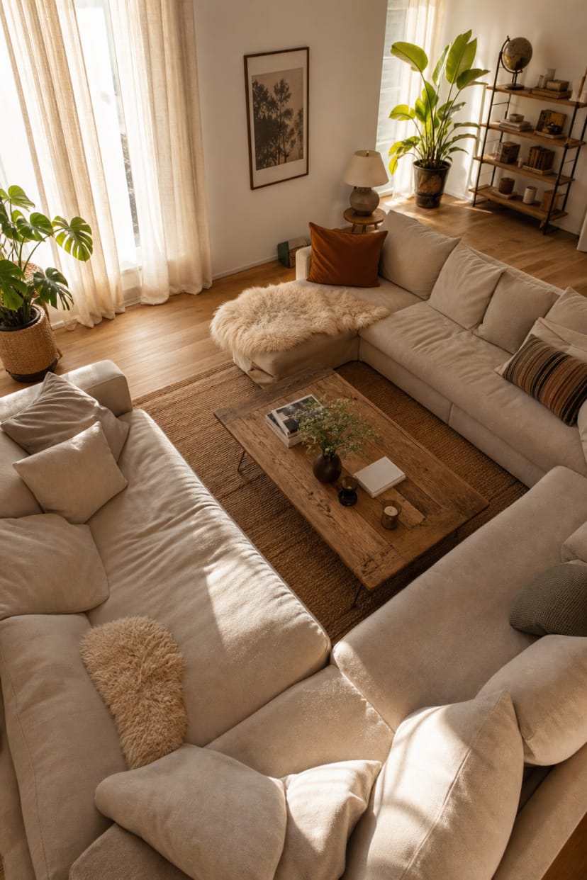 Beiges U-sofa mit großem Teppich