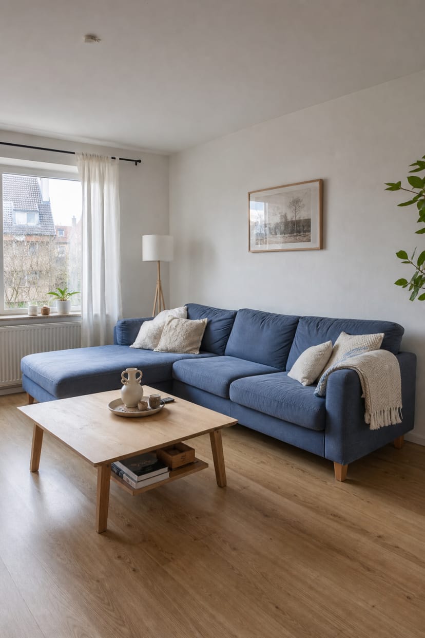 blaues ecksofa skandinavisch volles bild
