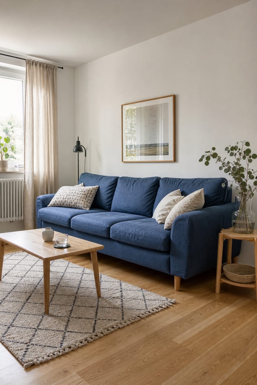 blaues sofa vor weißen wänden