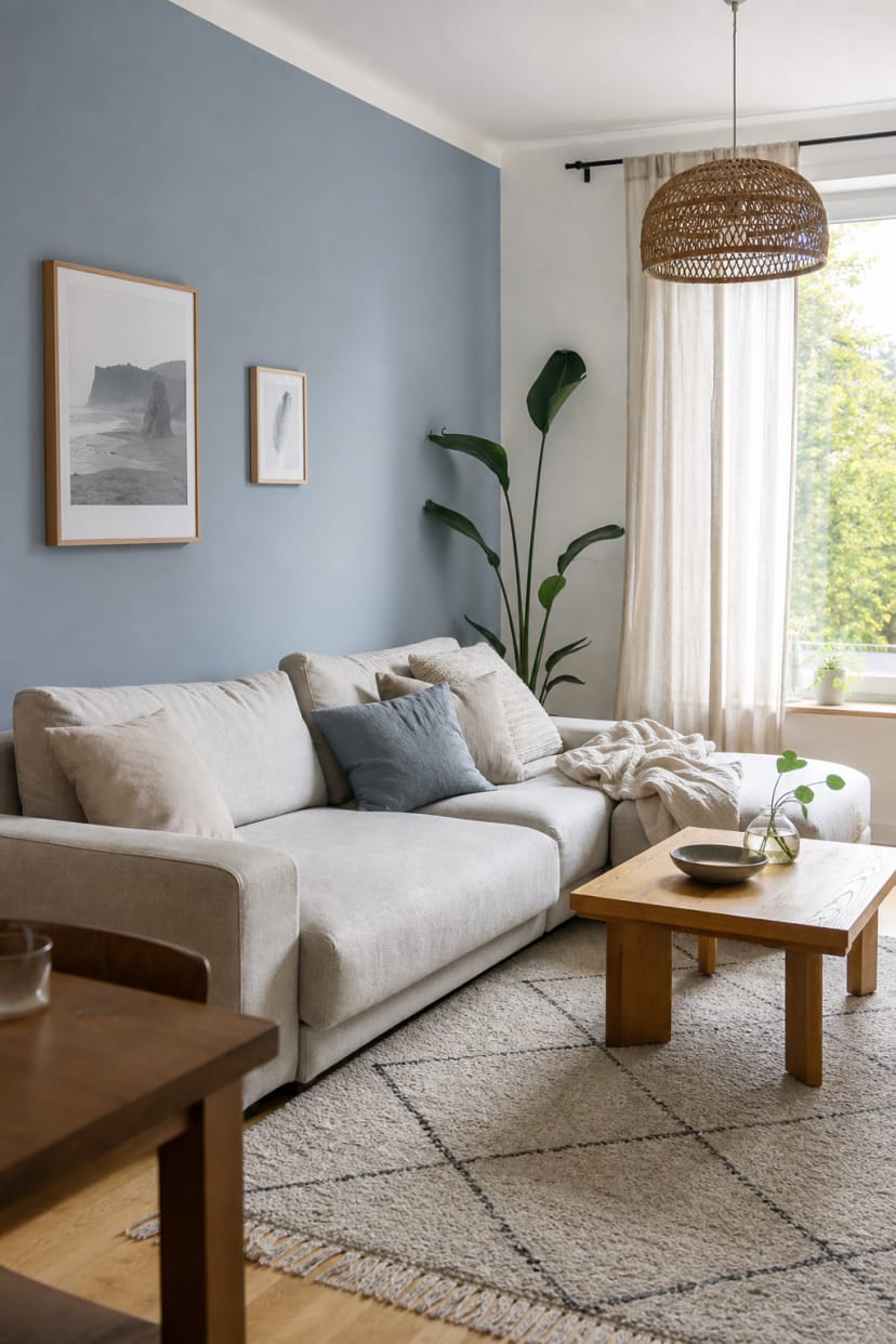 blaugraue wand neutrales sofa skandinavisch