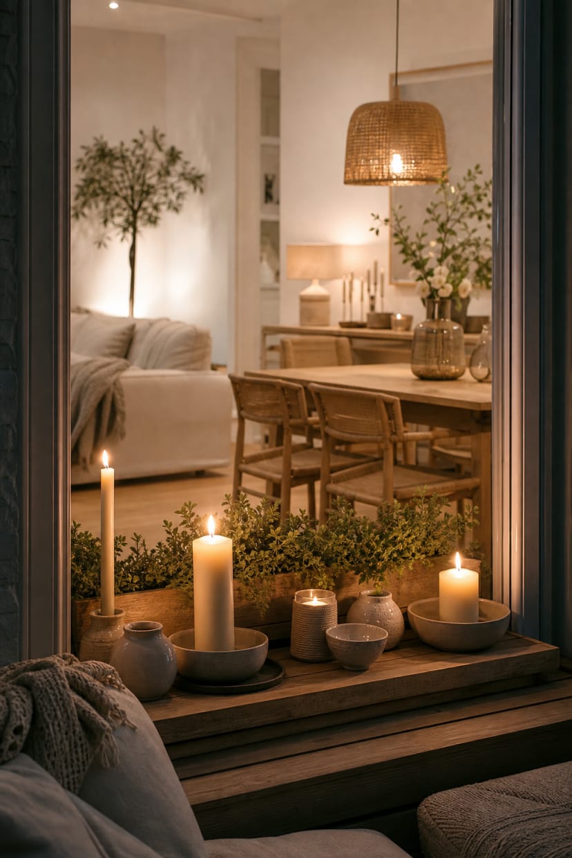 Blumenkasten mit Kerzen und Keramik