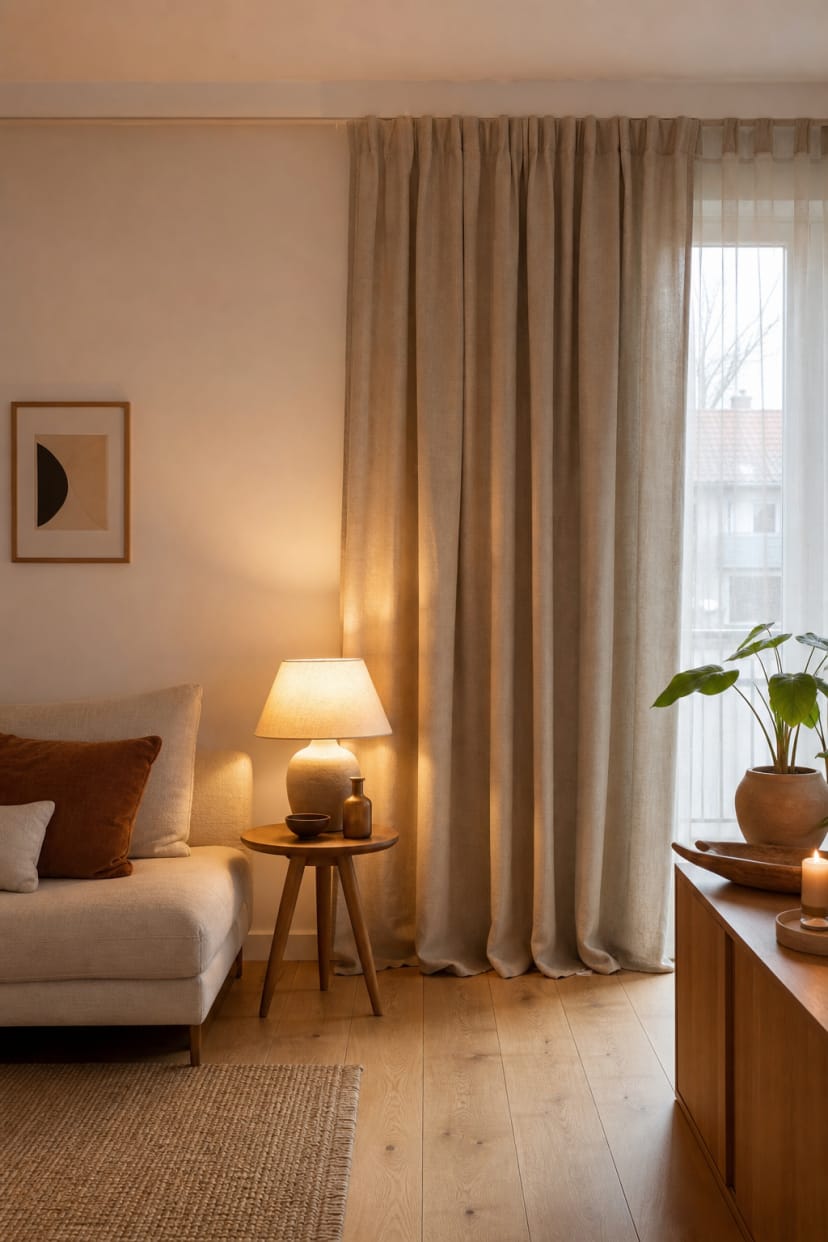 Greige Vorhänge neben Sofa und Holz