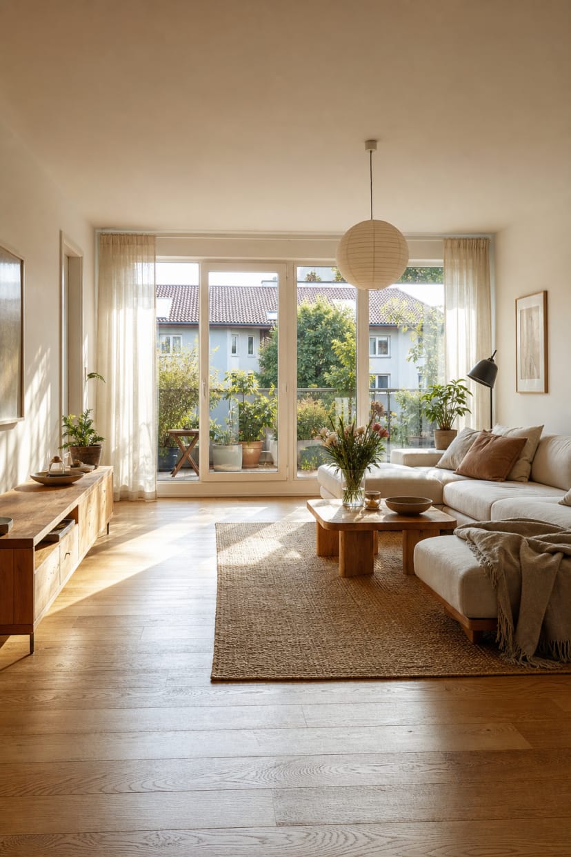 Wohnzimmer bodentiefe Fenster heller Holzfußboden