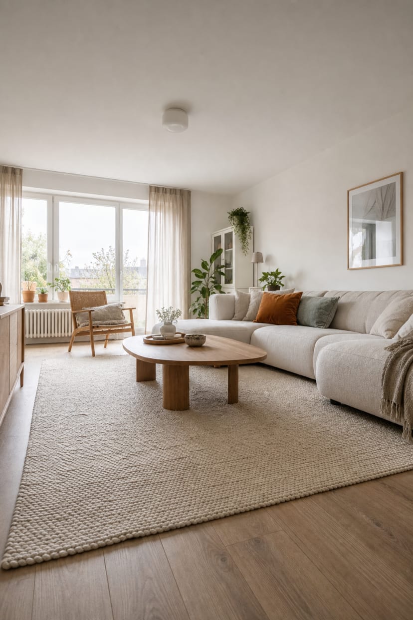 cremefarbener teppich im greige wohnzimmer