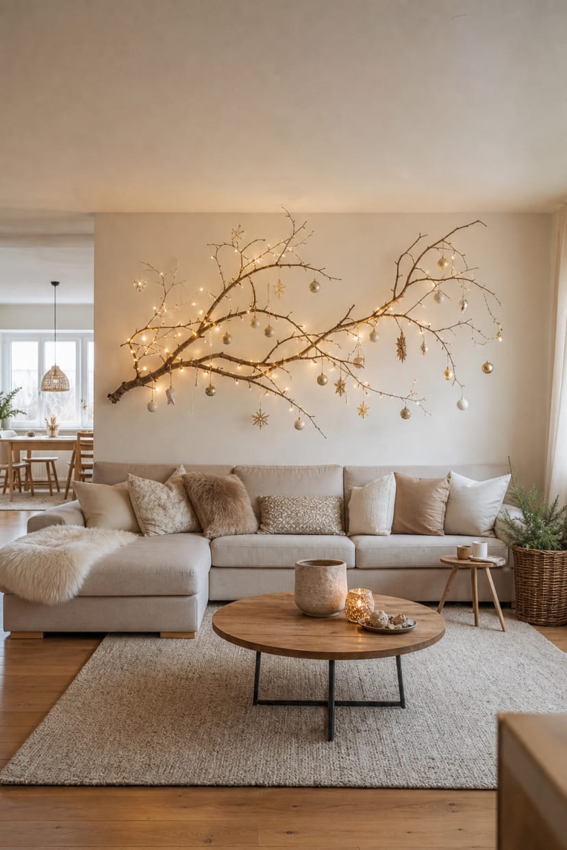 Deko-Ast mit Lichterkette über Sofa