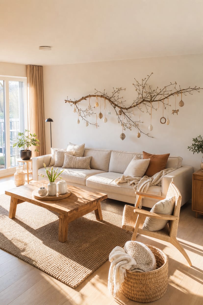 Wohnzimmer mit Ast über Sofa frontal