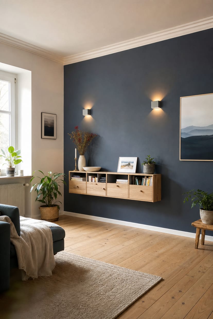 dunkelblaue Wand mit warmen Wandleuchten