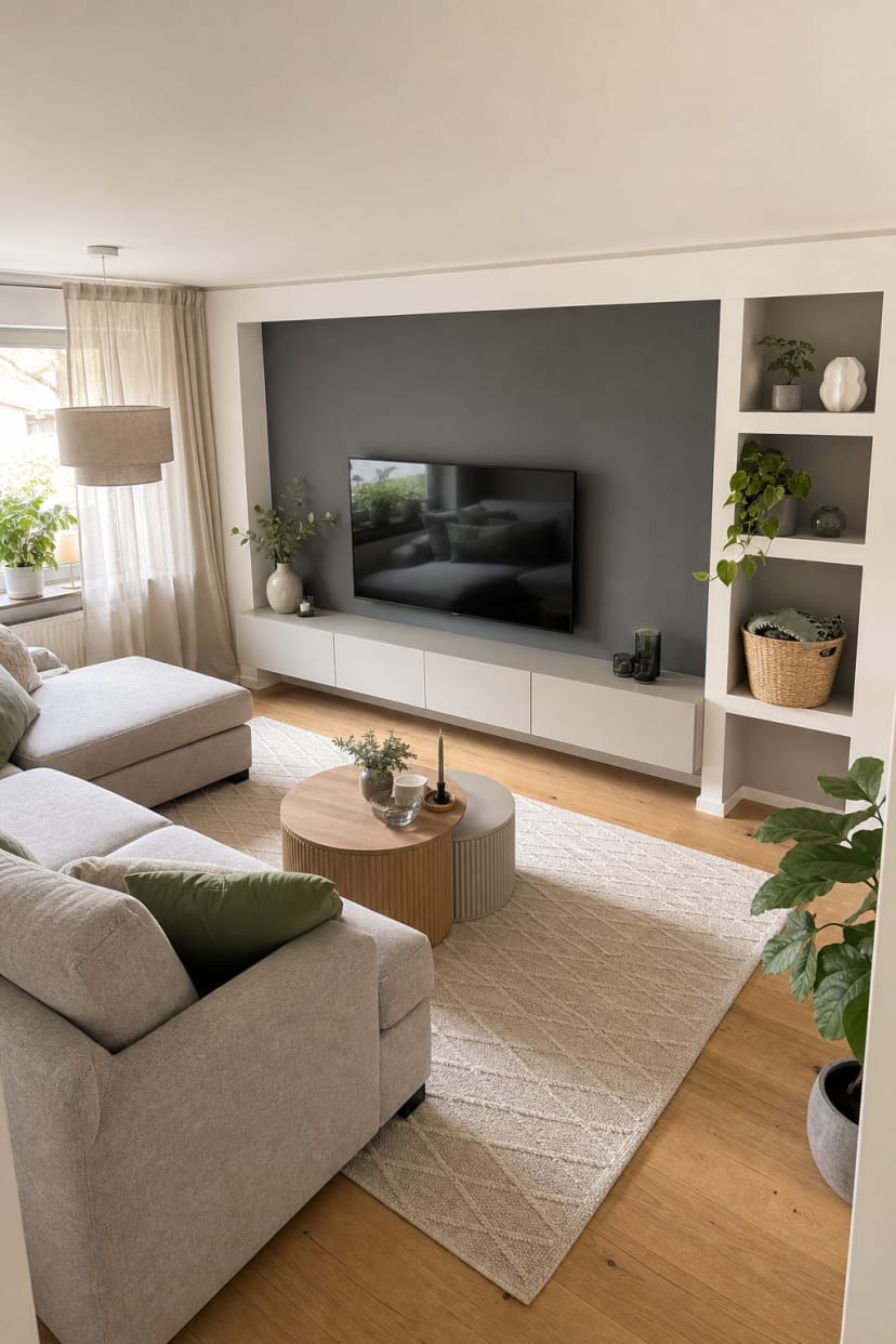 dunkle tv-wand mit lowboard und licht