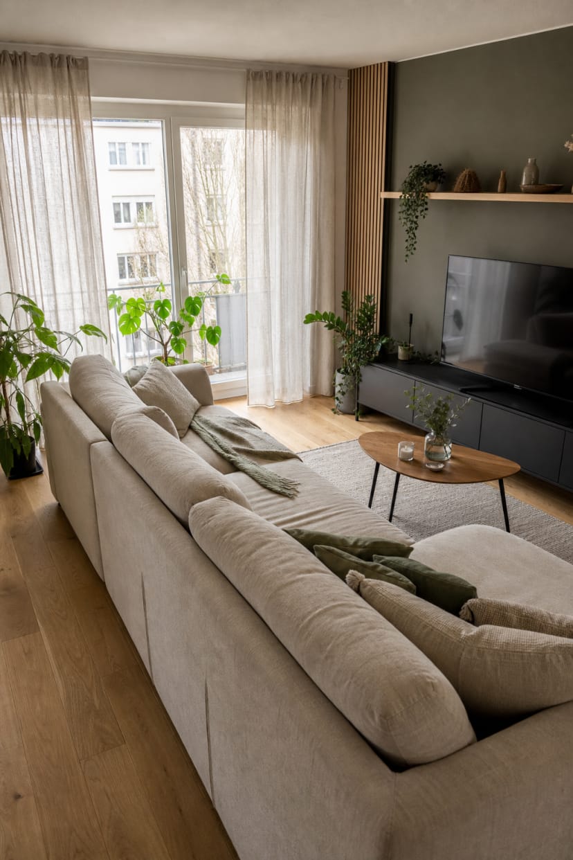beige sofa vor dunkler wand
