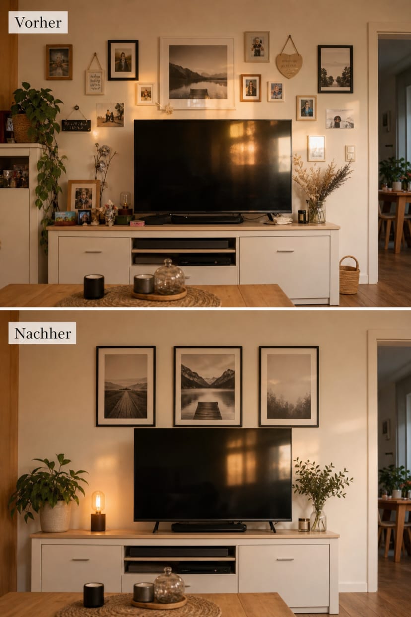 TV-Wand vorher nachher reduzierter Bildermix