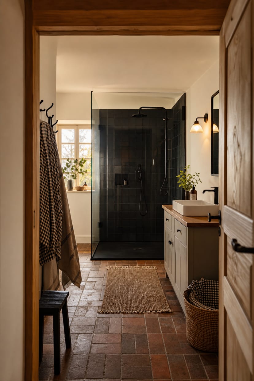 schwarze walk-in dusche farmhouse bad