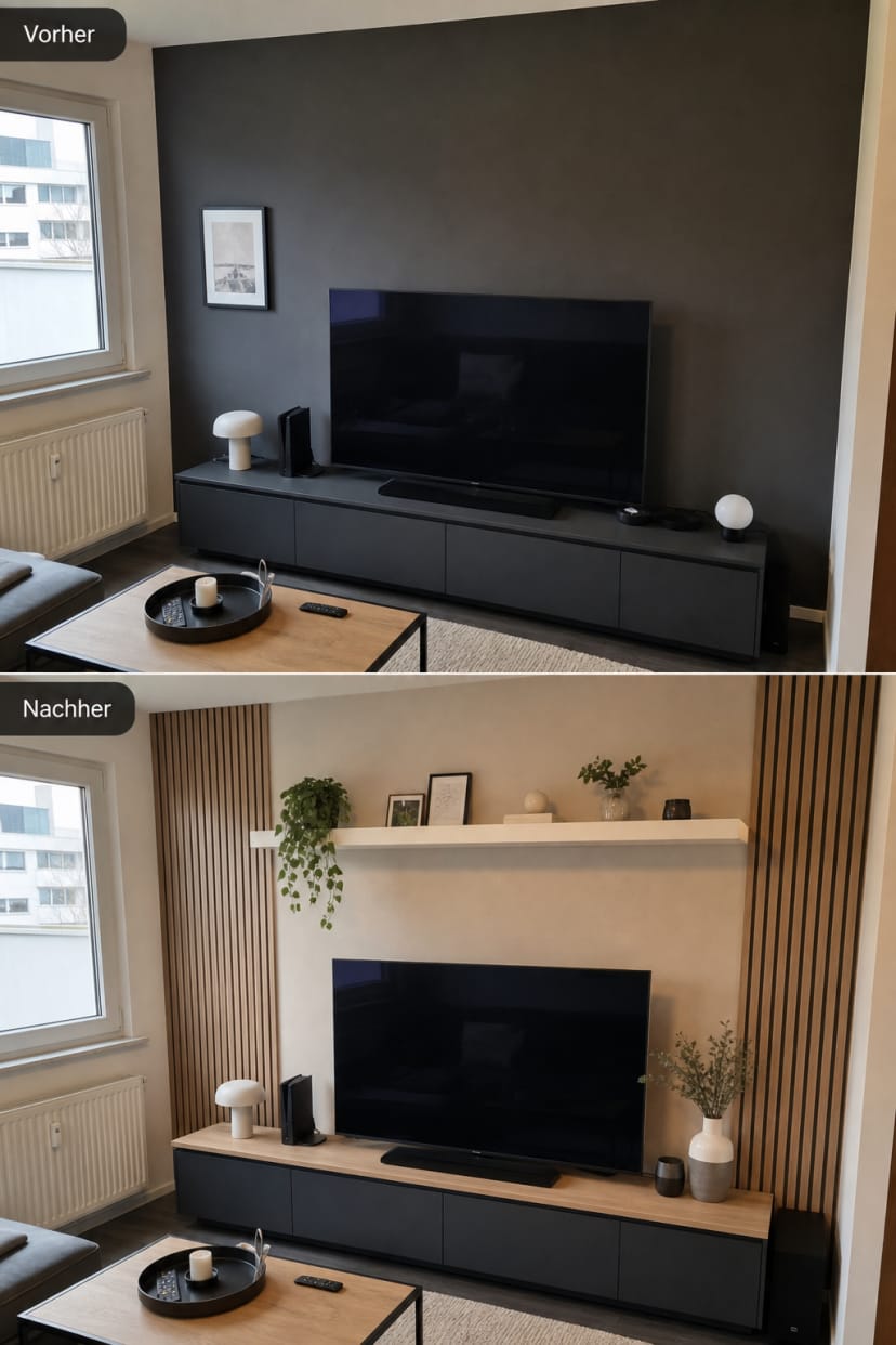 TV-Wand mit hellen Holzeinsätzen und Regalböden