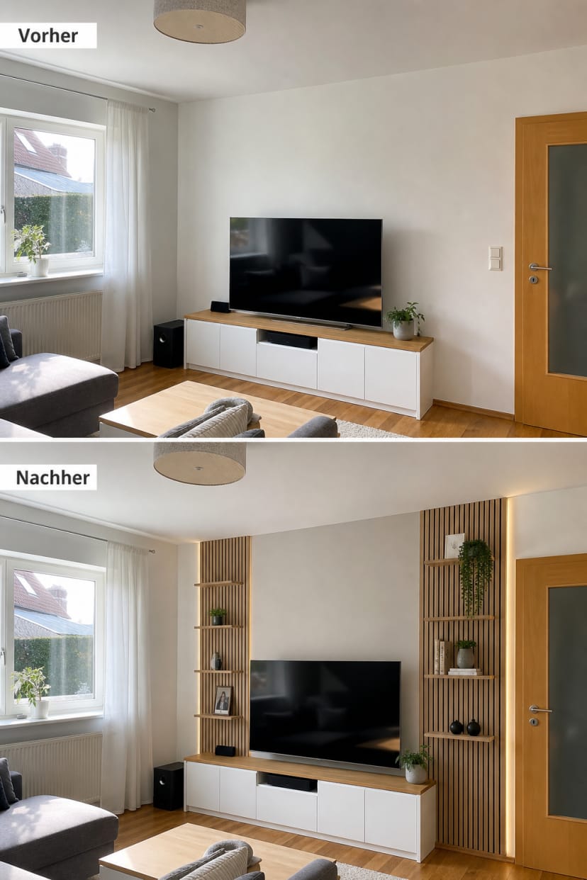 TV-Wand vorher/nachher mit Paneelen und Regalen