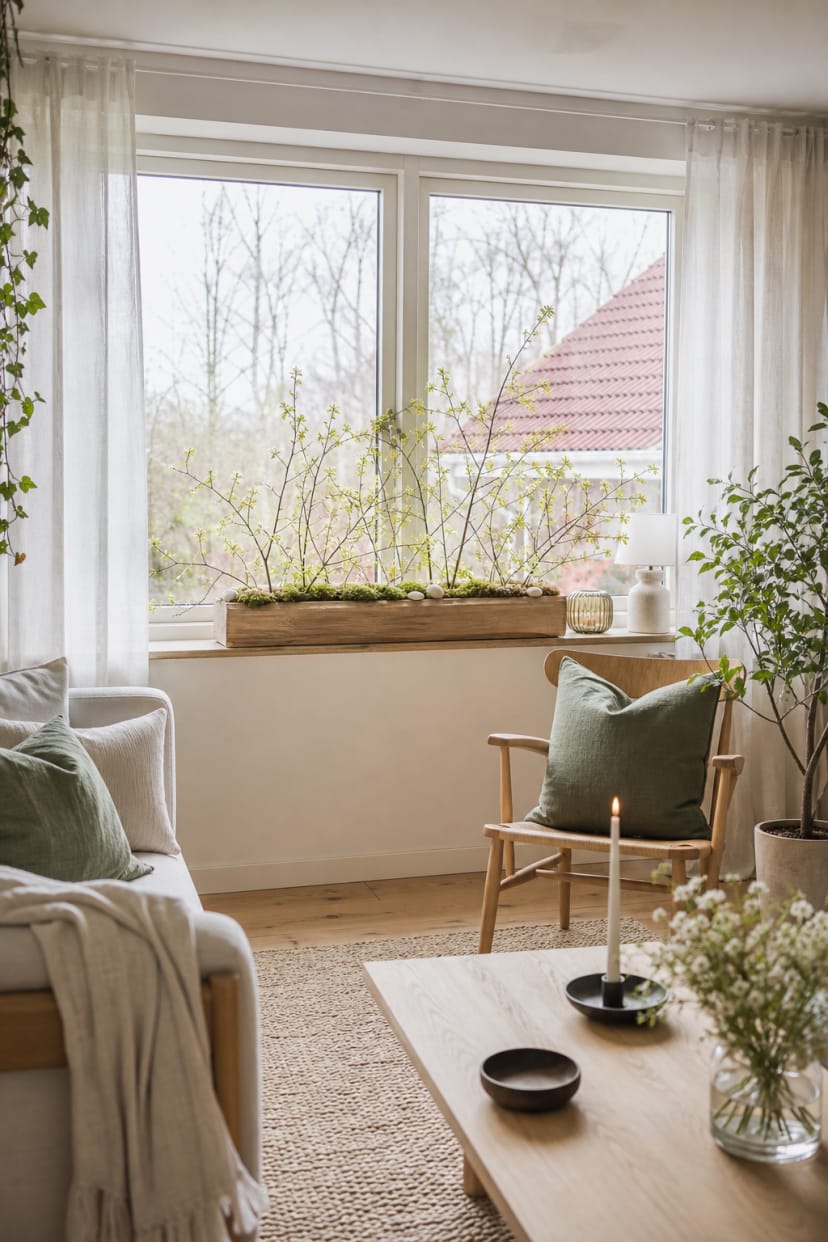 Fensterkasten mit Zweigen und Moos