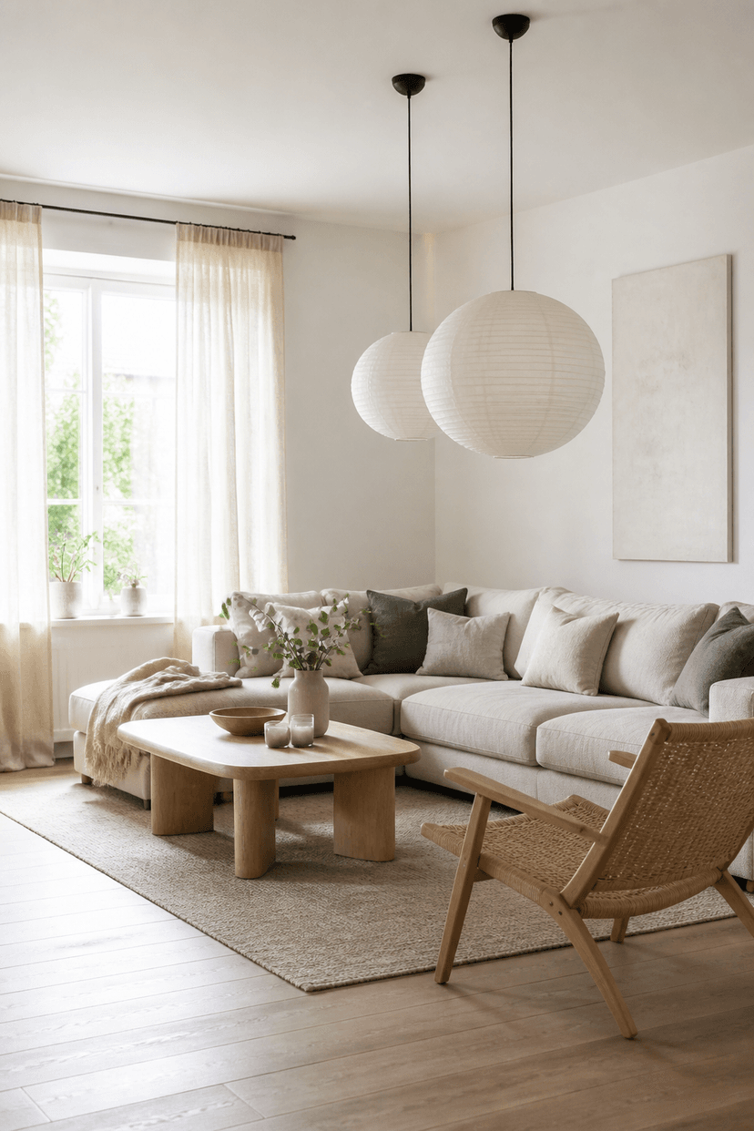 runde papierlampen über sofa skandinavisch