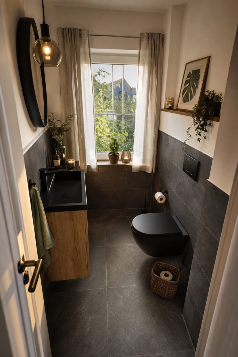 Anthrazitfliesen kleines Gäste-WC Fenster