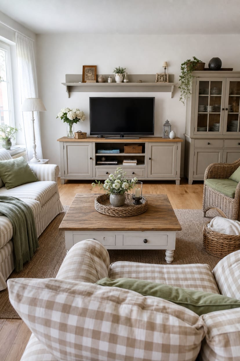graubeige tv wand wohnzimmer landhaus