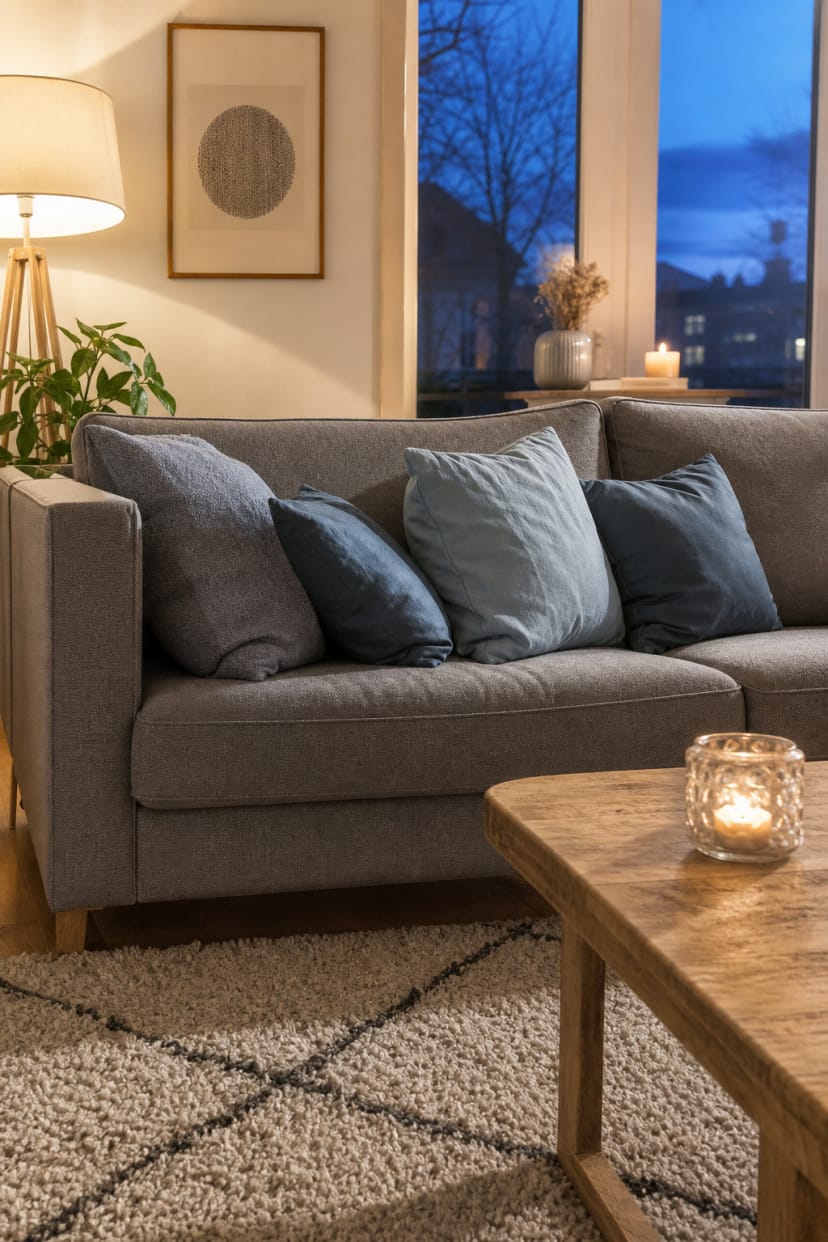 graues sofa mit hellblauen kissen nahaufnahme