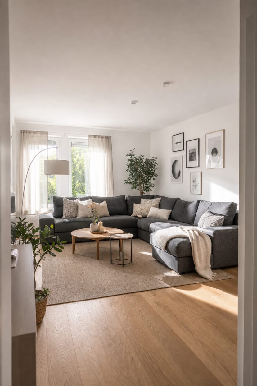 Großes graues Ecksofa, weite Ansicht