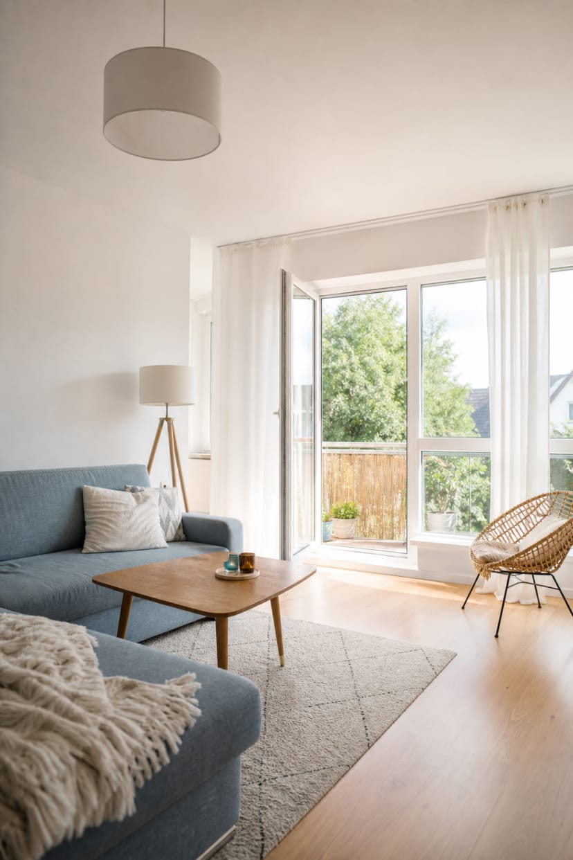 Skandinavisches Wohnzimmer mit großen Fenstern