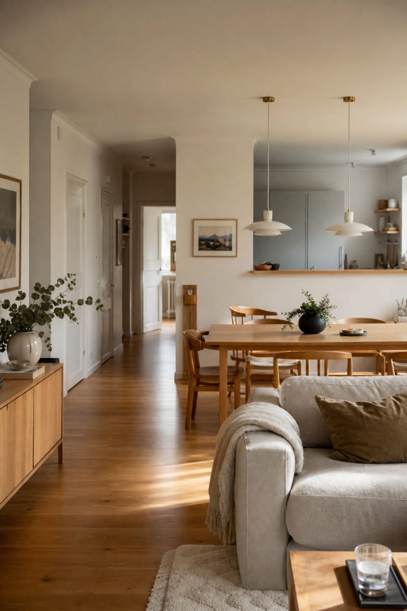 Große rattanpendelleuchte über couchtisch