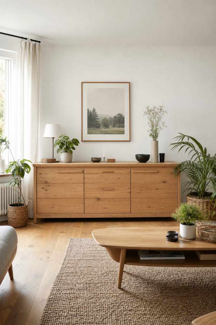 Helles Holzsideboard im skandinavischen Wohnzimmer