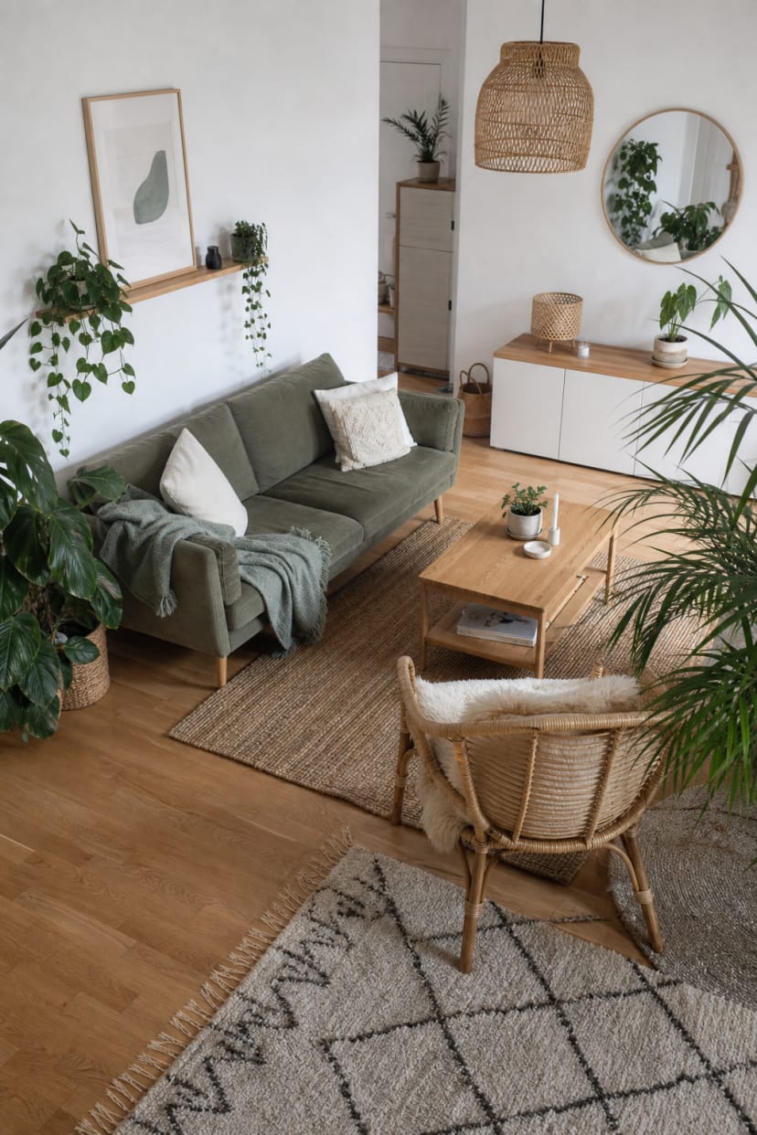 Boho Skandi Wohnzimmer mit Rattan und Pflanzen