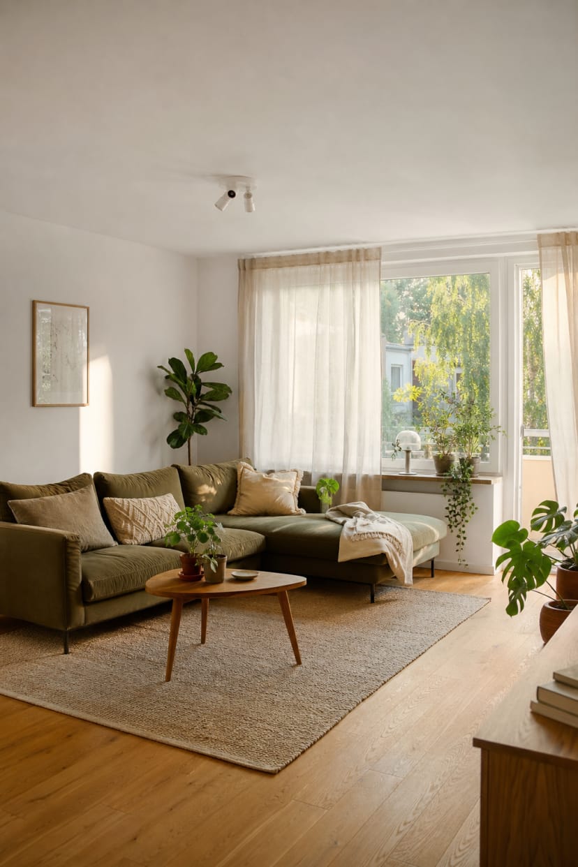 Grünes Wohnzimmer mit Pflanzen und Vorhängen