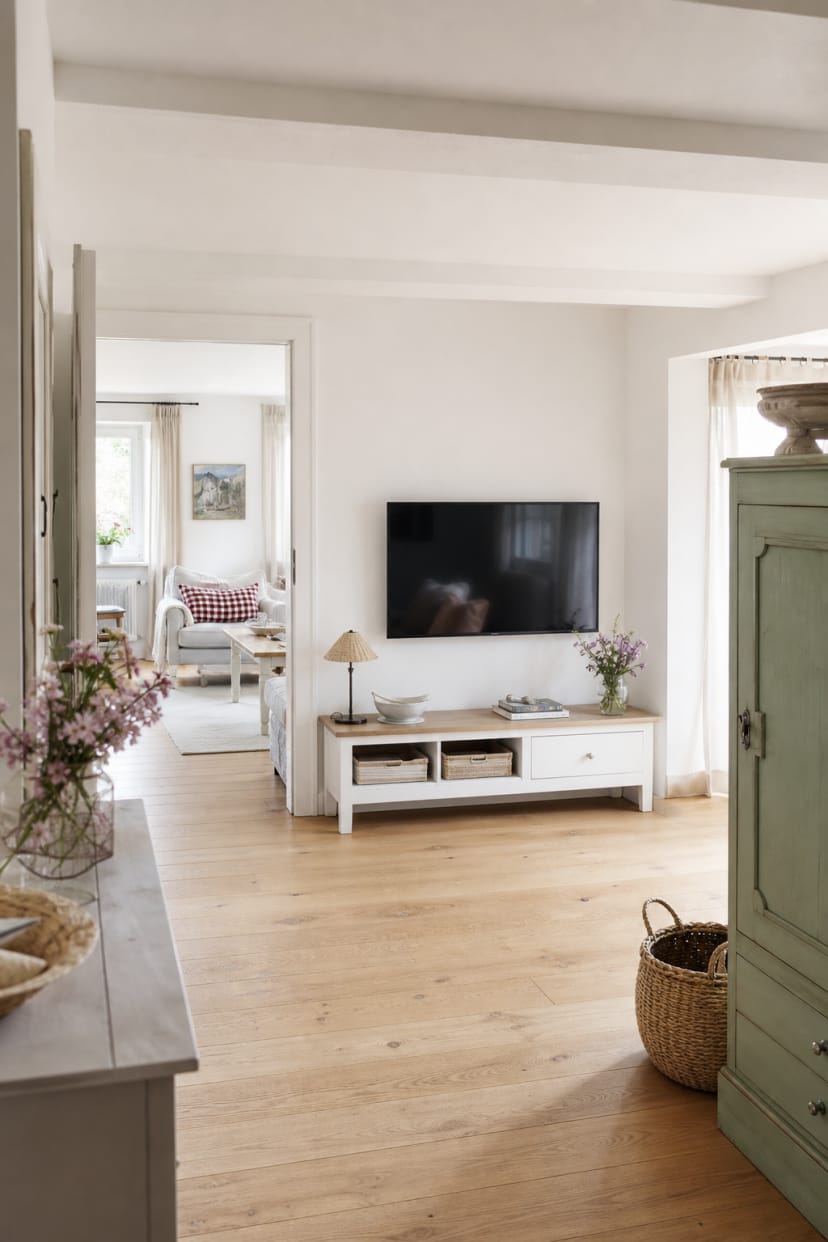 Helle weiße TV-Wand im Landhausstil