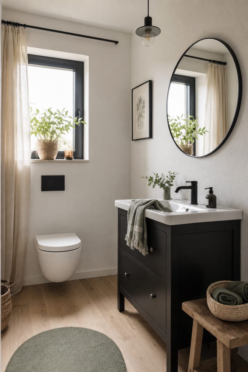 Helles kleines Gäste-WC mit schwarzen Akzenten