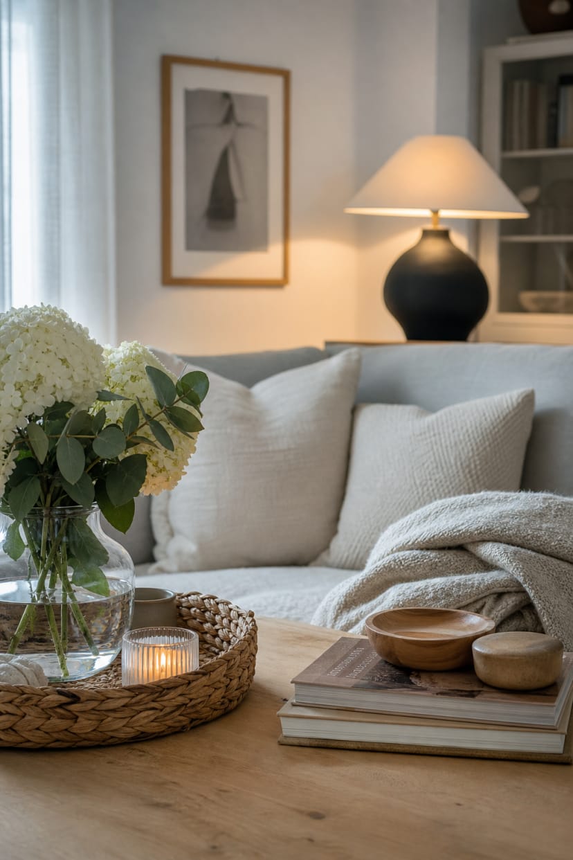 Helles Holz mit naturnahen Accessoires und Textilien