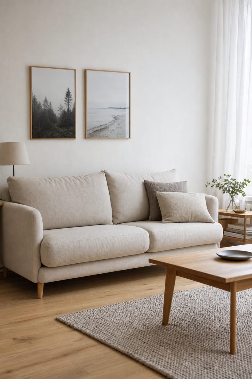 Helles nordisches Wohnzimmer mit beigem Sofa