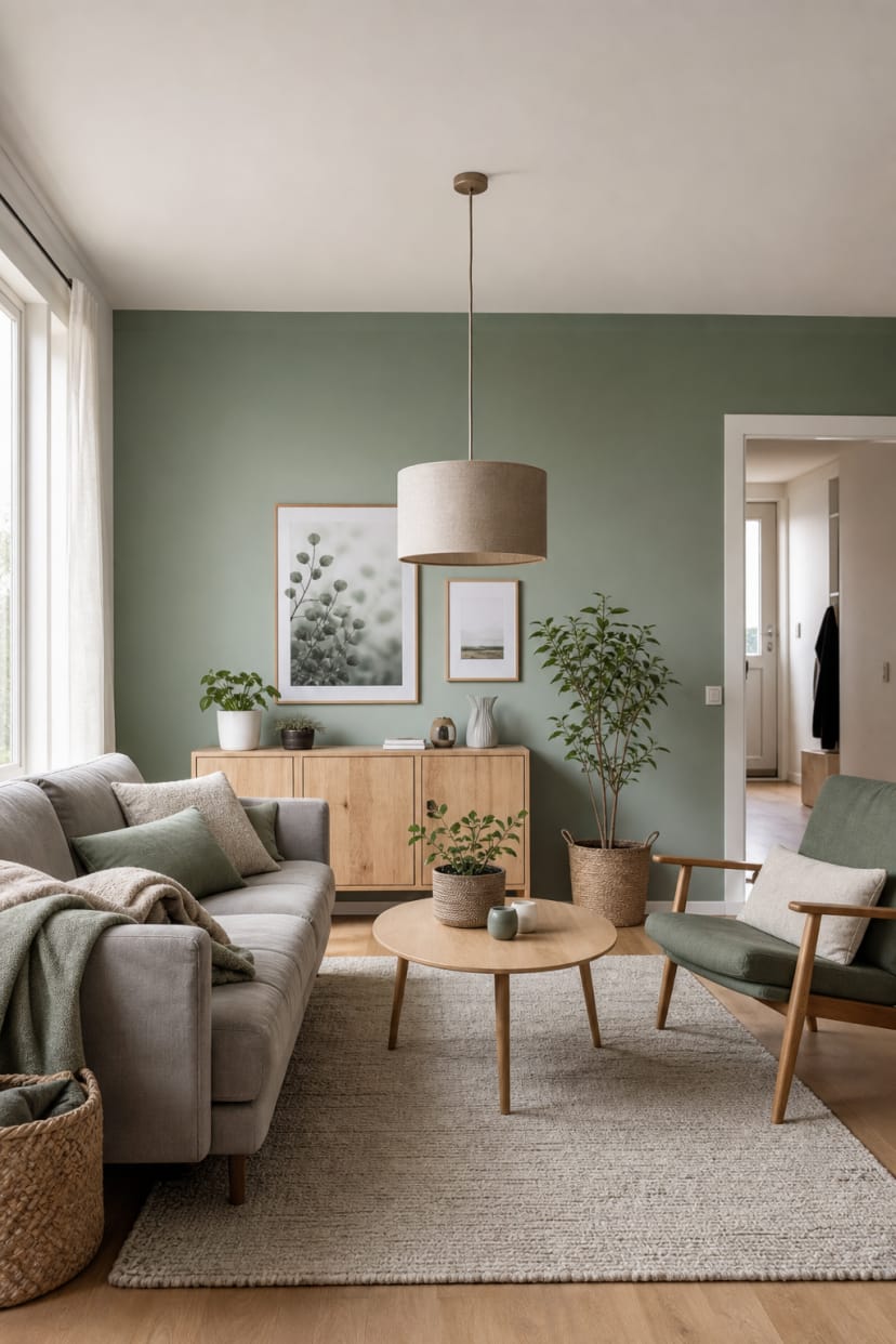 Skandi Wohnzimmer mit grüner Akzentwand