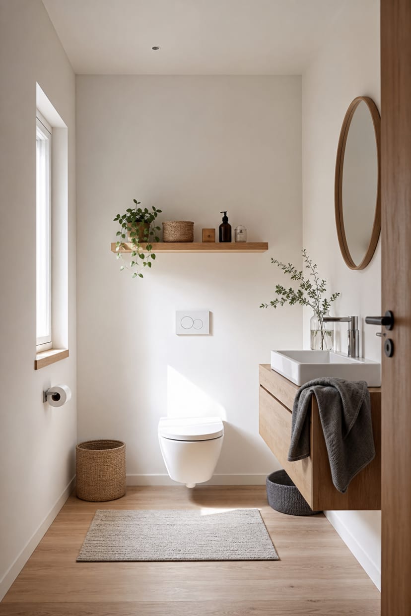 Helles wc ohne fliesen mit holzregal