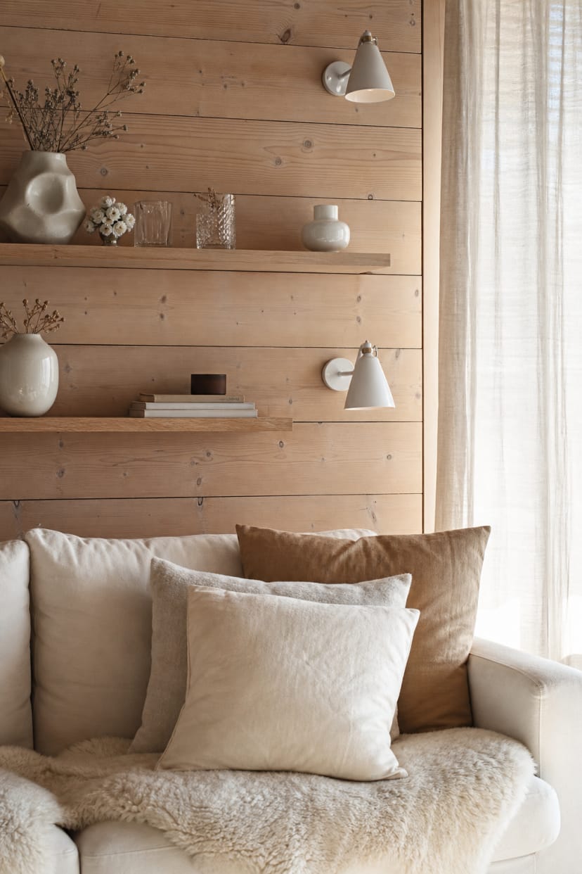 Holz-Akzentwand im sanften Wohnbereich mit Leuchten