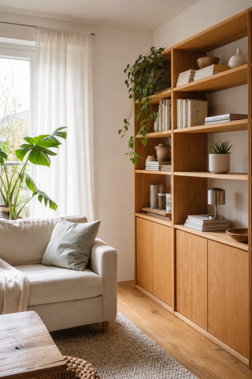 Holzregal neben Sofa vor Gardine
