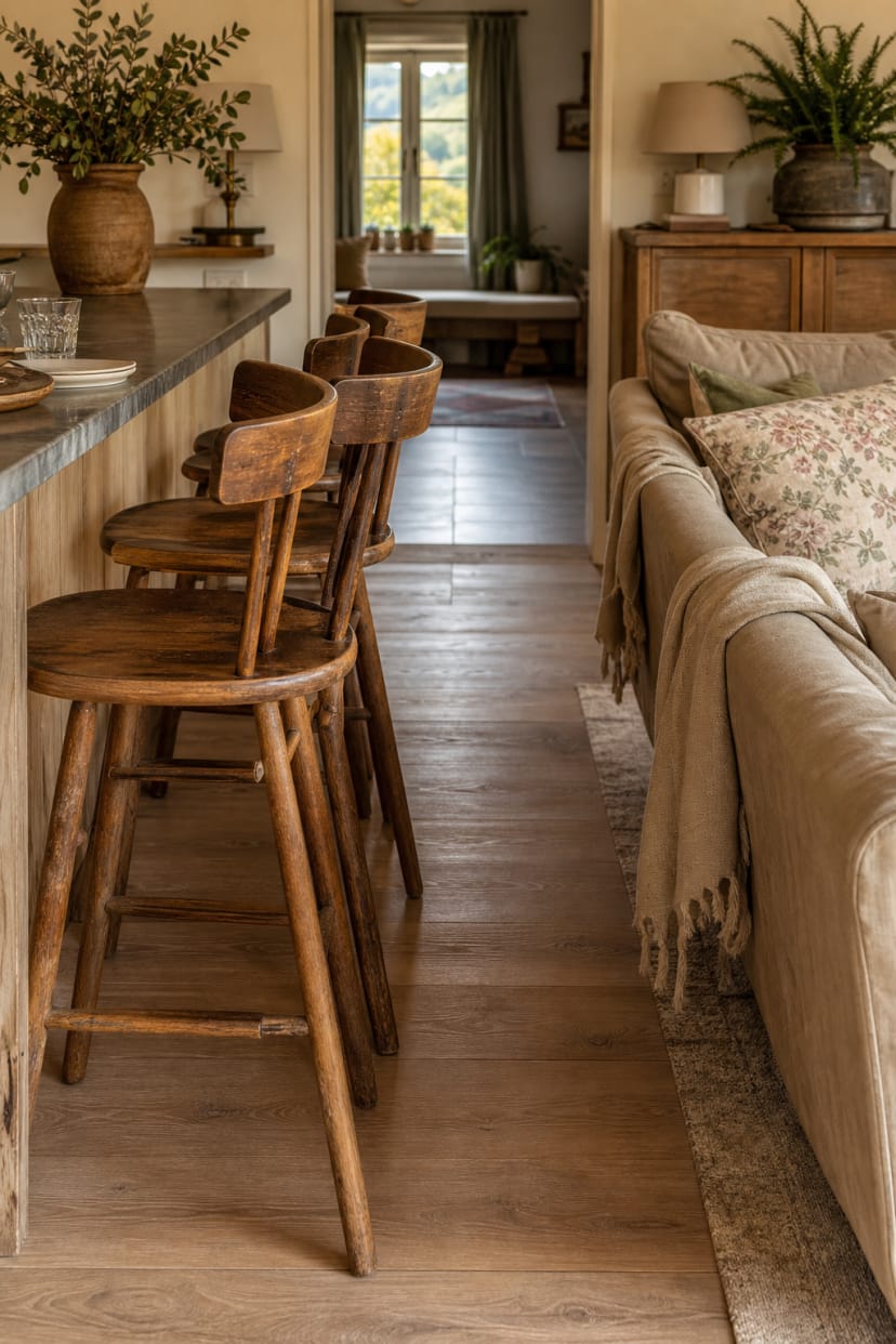 Holzstuhle am tresen neben sofa