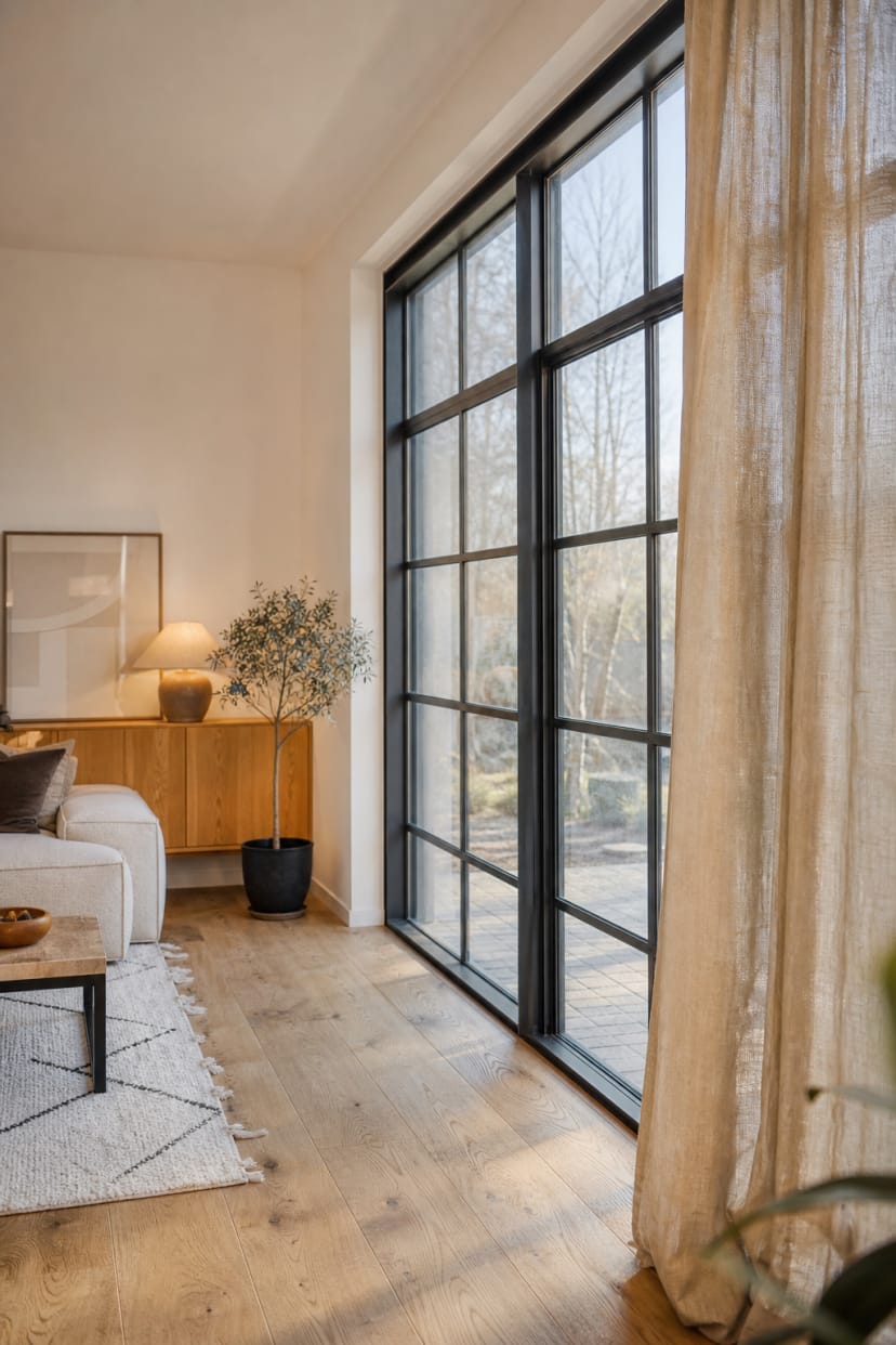Industrie-Fenster mit Metallrahmen und Vorhang