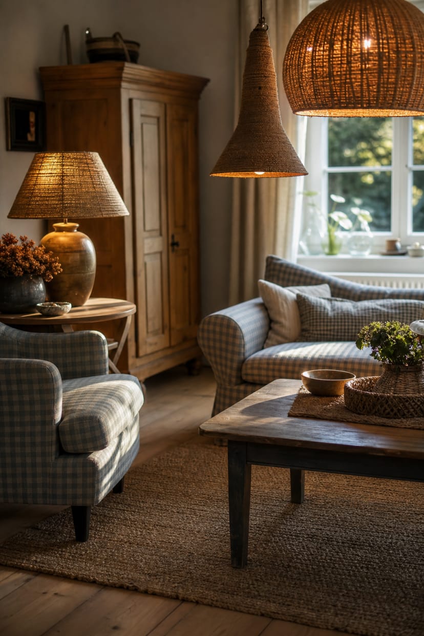 Jute-teppich mit naturmaterial lampen im sitzbereich