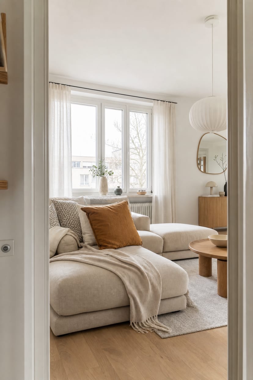 Karamellkissen auf beigem Sofa, skandinavisch