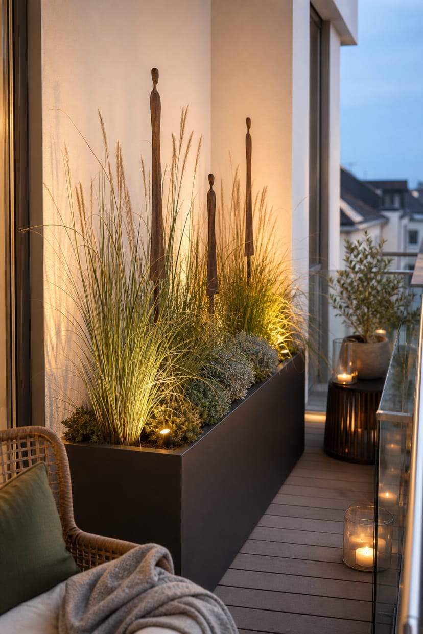 Langer Blumenkasten mit Gräsern und Metallakzenten