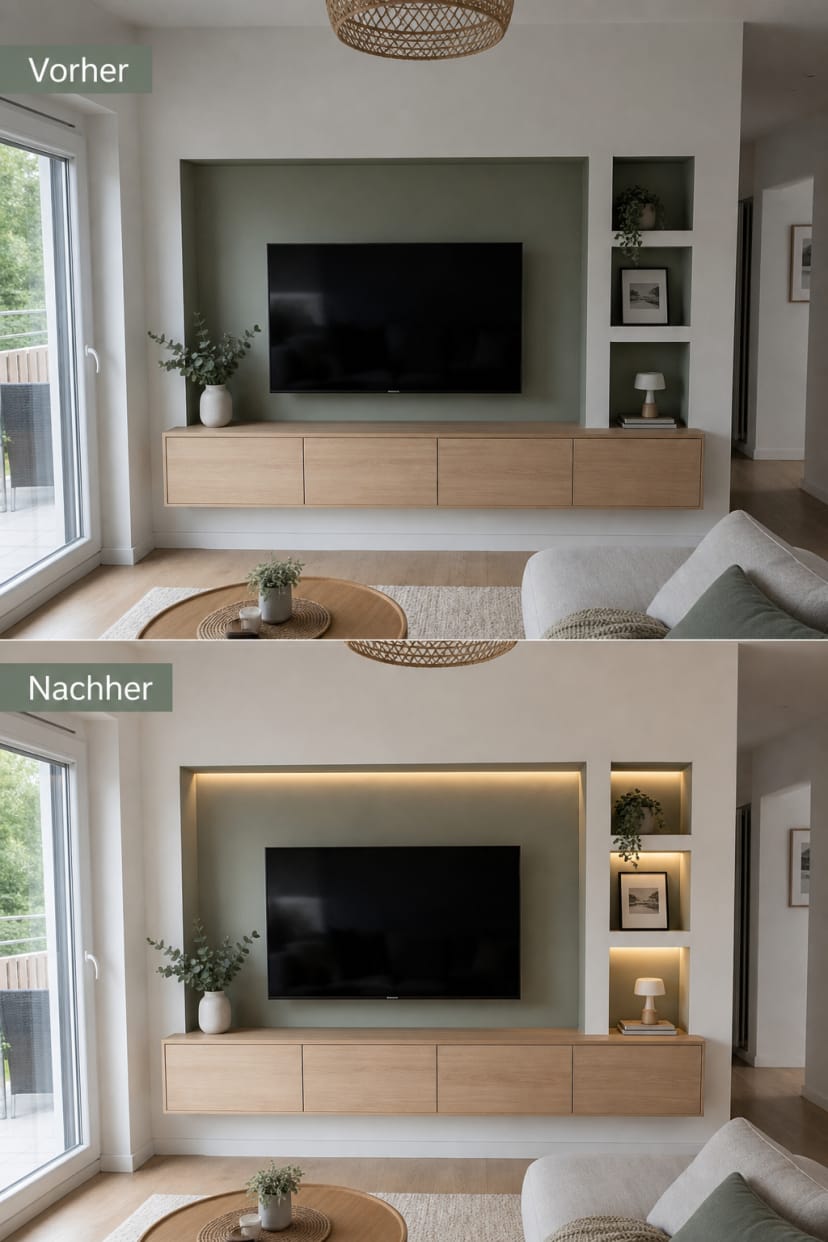 TV-Nische vorher nachher mit Lichtleisten